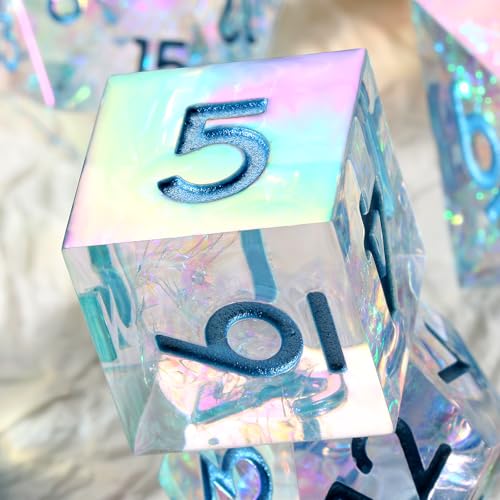 Iridescent Plating Sharp Resin Dice, DNDND 7PCS Handmade DND Sharp Edge Dice with Gorgeous Gift Case for Dungeons and Dragon Tabletop Games (Iridescent Plating Transparent) - color: Iridescent Transparent