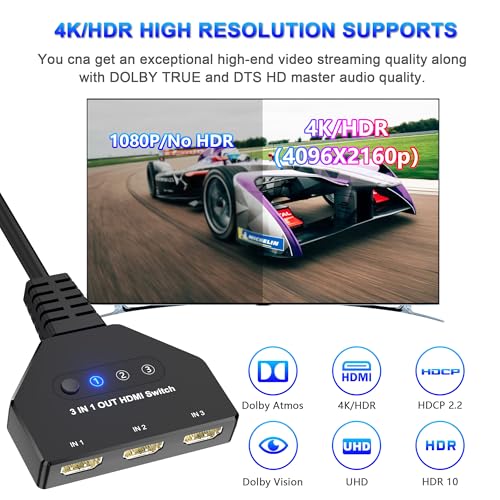 HDMI Switch 3 in 1 Out, 4K@30hz HDMI Splitter, 3 Ports HDMI Switcher Supports Full HD 1080P 3D Compatible with Roku Fire TV Stick HDTV PS4/PS5 Xbox One Chromecast, Compatible with Mac/Win/Linux