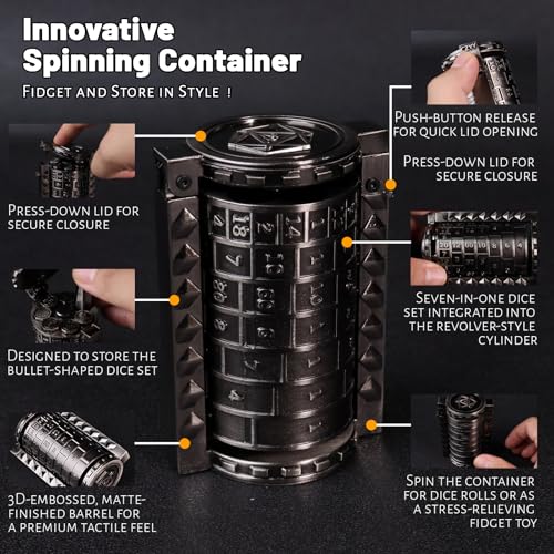 CZYY Rifle Bullet Dice Set, Metal 7 Polyhedral Dice Set for Tabletop Games | D4 to D20 & D%, Spinning Cylinder-Style Case, Cartridge Holder Belt, Gift for RPG Players & Collectors, Silver - color: Silver
