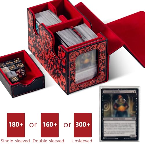 MTG Commander Deck Box with Dice Tray Card Deck Box Fits 160 Double Sleeved /200 Single Sleeved trading Cards, TCG deck box with 6 DICE 1Acrylic Dividers 1 Card Holder (Fire) - color: Fire