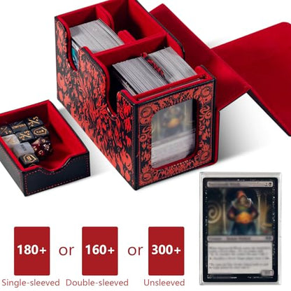 MTG Commander Deck Box with Dice Tray Card Deck Box Fits 160 Double Sleeved /200 Single Sleeved trading Cards, TCG deck box with 6 DICE 1Acrylic Dividers 1 Card Holder (Fire) - color: Fire