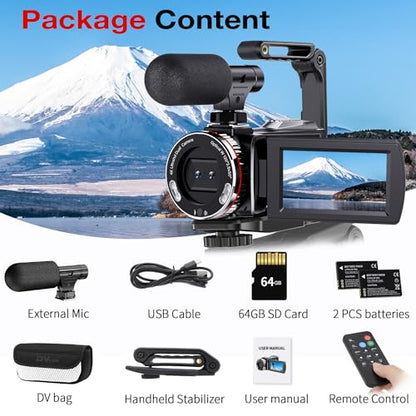 Digital Video Camera Camcorder 4K, 64MP UHD Vlogging Dual Camera for YouTube, 21X Digital Zoom HD Screen Vlog Camera with External Microphone, Stabilizer, Remote, 2 Batteries, Remote, Memory Card