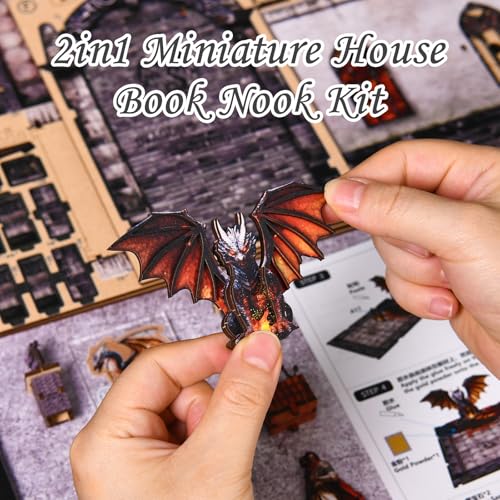 DIY Book Nook Kit, 3D Wooden Puzzle for Adults, Miniature House Kit with Touch LED Light, Gothic Bookshelf Insert Decor, Creative Hobby Gift for Fantasy Lovers (Dragons Treasure Labyrinth) - style: Dragons Treasure Labyrinth