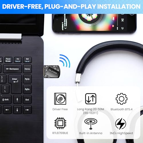 Bluetooth 5.4 USB Adapter for PC - Wireless Dongle Transmitter/Receiver, Plug & Play for Windows 11/10/7, Supports Keyboard/Mouse/Headphones/Speakers/Game Controller (BR+EDR+BLE Dual Mode) - style: BT5.4