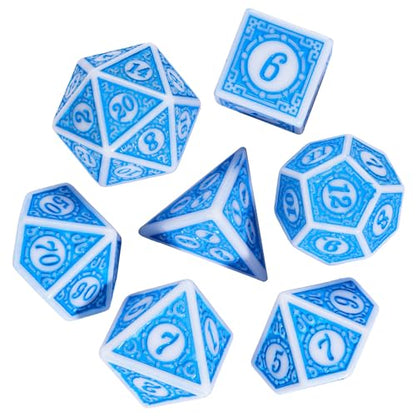 7PCs DND Dice Set, Unique Window Lattice Pattern D&D Dice Set with Leather Die Bag, Polyhedral Die for RPG Table Games (Blue/White) - color: Blue With White Edge