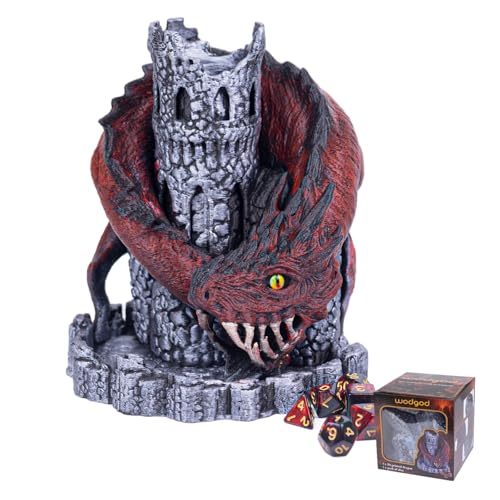WodGod Red Dragon Castle Dice Tower（with 7Pcs Polyhedral Dice）,for Tabletop Games, D&D and RPG Games,Dungeons and Dragons,DND Dice Tower,Perfect Table Decoration & Party Surprise Gifts
