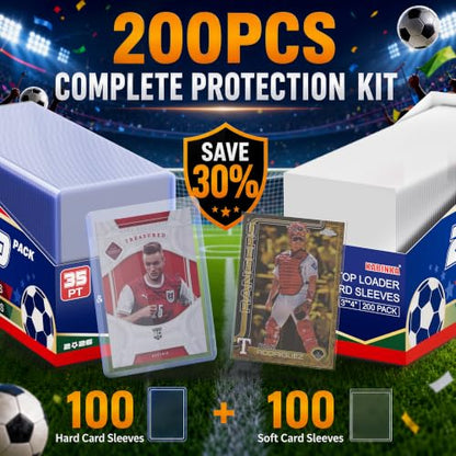 Kabinka 200 Card Sleeves Top Loaders for Cards,3"x4"Baseball Card Protector | Standard Size Trading Hard Plastic Card Holder for Sports, Football, TCG Cards(100 Hard Sleeve + 100 Soft Sleeve)
