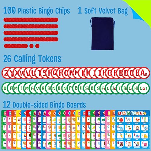 SpriteGru Alphabet & CVC Bingo Game, 12 Bingo Board ABC Letters, CVC Words Phonetic Game, Letters Phonetic Awareness Early Educational Learning Toys - Ages 4 and up, Perfect for Classroom & At Home - style: Alphabet & CVC Bingo Game