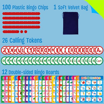 SpriteGru Alphabet & CVC Bingo Game, 12 Bingo Board ABC Letters, CVC Words Phonetic Game, Letters Phonetic Awareness Early Educational Learning Toys - Ages 4 and up, Perfect for Classroom & At Home - style: Alphabet & CVC Bingo Game