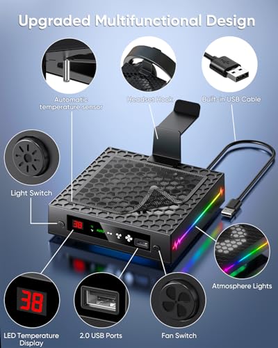 [LED Display] Auto Cooling Fan for Xbox Series X with 9 RGB Light Modes | Cooling System Adjustable by Temperature for Xbox Series X Console, Cooler & Light Switch, Headset Hook, USB Port
