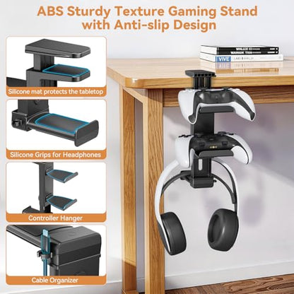 Headphone Stand & Under Desk Controller Holder with Adjustable Clamp, Controller Stand & Headset hanger for Desk Mount with 360° Rotating Hook & Cable Organizer 3-in-1 Game Organizer, Headphone Cases - size: 3 Hooks
