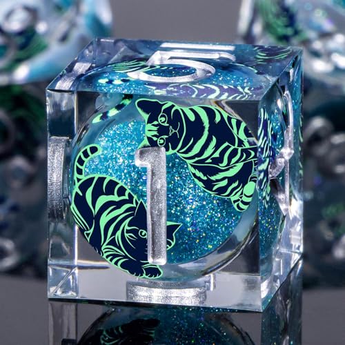 KERWELLSI Cat Liquid Core DND Dice Set with Gift Box, 7Pcs Resin Dungeons Sharp Edge D&D Dice, Dragons D and D Role Playing Dice D20 D12 D10 D8 D6 D4, Blue and Light Green Cat - color: Blue and Light Green Cat