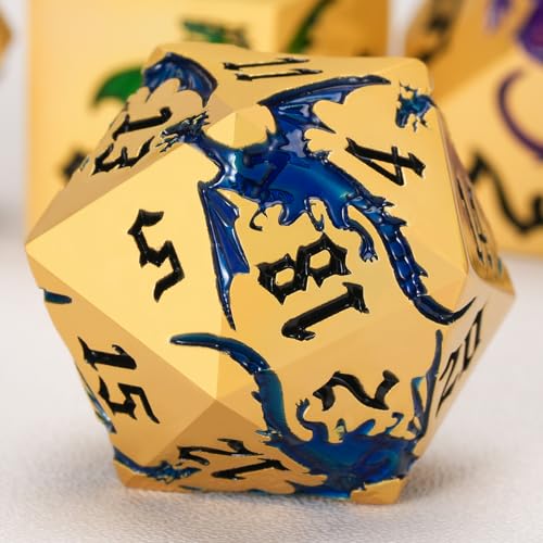 Sharp Edge Metallic DND Dragon Dice Set,Metal Polyhedral Dice with Dragon for Dungeons and Dragons RPG TTRPG D&D 7-Die Set with Gift Case Pearl Gold Seven Colors - color: Dragon-pearl Gold Seven Colors