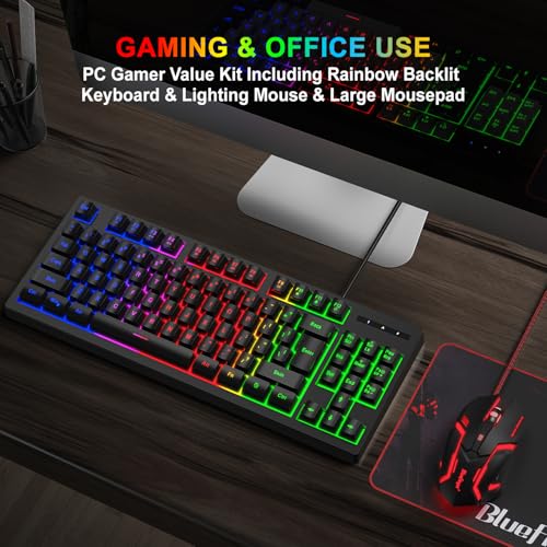 RGB 87 Keys Gaming Keyboard and Backlit Mouse Combo,BlueFinger USB Wired Rainbow Keyboard,Gaming Keyboard Set for Laptop PC Computer Game and Work - color: Black 01
