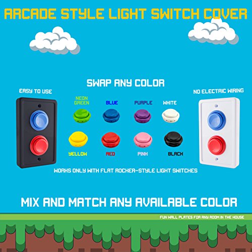 Arcade Light Switch Plate Cover, Single Switch (Black/Red/Blue), 1-Gang Standard Size Rocker Wall Plate, Game Room Decorator, Kid Bedroom Wallplate, Faceplate Replacement