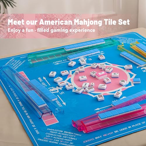 American Mahjong Tile Set with Pink Printed Carrying Bag, 166 Blue Tiles, 4 All-in-One Color Racks/Pushers, Mah Jongg Sets, Mahjong Game Set for Travel, Christmas, Birthday Gifts - color: Pink（blue Tiles）