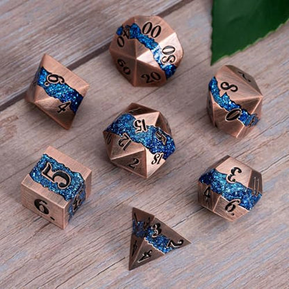 Metal DND Polyhedral Dice,Large Stripe Glitter Metallic Dice Set,Antique Silver Dice 7pcs Set for Role Playing Games(Antique Copper Blue) - color: Antique Copper Blue