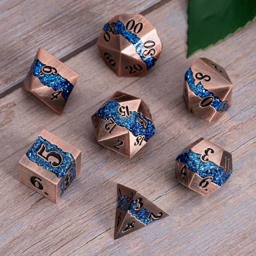 Metal DND Polyhedral Dice,Large Stripe Glitter Metallic Dice Set,Antique Silver Dice 7pcs Set for Role Playing Games(Antique Copper Blue) - color: Antique Copper Blue