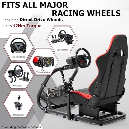 Marada Racing Simulator Cockpit with Red Seat Fit for 12Nm Direct Drive | Fit for Logitech/Thrustmaster/Moza/Fanatec, 50mm Large Round Tube Professional Sim Rig, Wheel Pedal Handbrake not Included