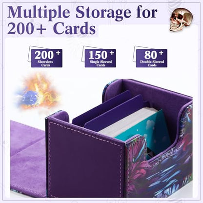 Leather Card Deck Case Compatible with MTG Cards Holds 120+ Trading Cards Strong Magnet Storage Card Box with 2 Dividers Compatible with TCG CCG(Purple,Horizontal Skull) - color: Purple, style: Skull