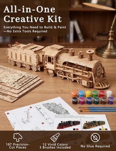 BOOZUU 3D Wooden Steam Train Puzzle for Adults, Build and Paint Wooden Train Model Kit, 282 Pcs DIY Train Craft for Teen Age 14+