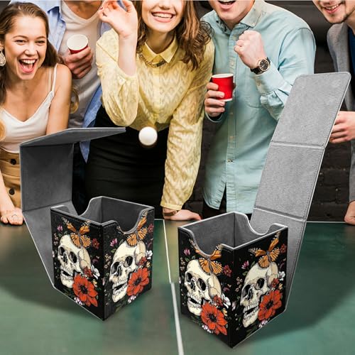 Peony Flower Skull Card Deck Box, MTG Commander Deck Box Card Deck Case for Trading Cards, 100+ Sleeved Cards with PU Leather Magnetic Card Storage Box for TCG CCG Magic Cards - color: Card Deck Box-590