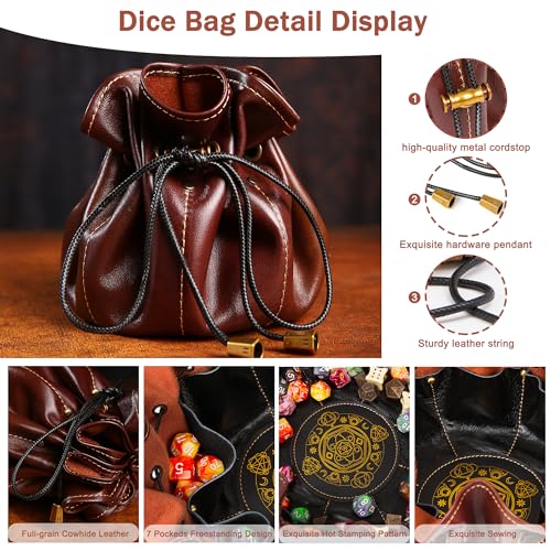 Full-Grain Leather Dice Pouch with Built-in Rolling Tray, Magic-Themed, Large Capacity Collector's Organizer for D&D, RPGs & Dice Enthusiasts