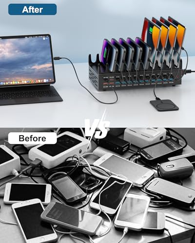 24 Ports 420W Charging Station for Multiple Devices, Iron Alloy USB Charger | with 30W Power Delivery, Multi Fast Charger Dock for Phone Tablet, Home, Office, School