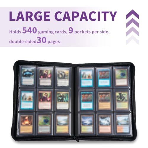 Fire-Resistant Trading Card Binder 9 Pocket, 540 Capacity | Black Card Album for MTG, TCG, and Other Game Cards, with 9 Rigid Card Holders and 100 Snug Fit Sleeves