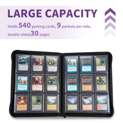 Fire-Resistant Trading Card Binder 9 Pocket, 540 Capacity | Black Card Album for MTG, TCG, and Other Game Cards, with 9 Rigid Card Holders and 100 Snug Fit Sleeves