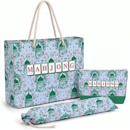Soulchen 3 Pcs Empty Mahjong Bag Set American Mahjong Buckled and Zippered Carrying Bag with Handle, Tile case and Drawstring Protective Sleeve for Rack Game Accessories Gift Travel(Chinoiserie) - style: Chinoiserie