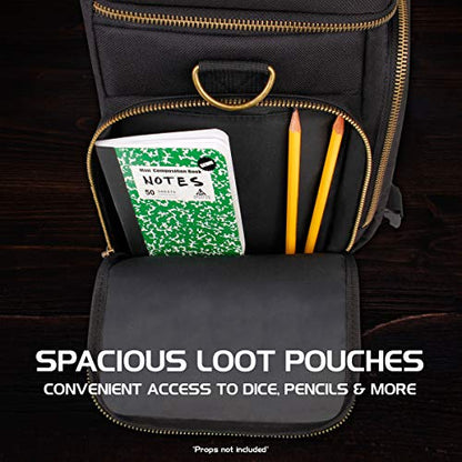ENHANCE Tabletop DnD Bag - RPG Adventurer's Dungeons and Dragons Accessories Bag with Miniatures Storage, Mat Holder, DnD Dice & Token Pockets, Fits 4-8 DnD Books, DM Guide, Player's Handbook (Black) - color: Black And Bronze