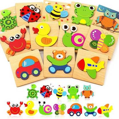 Bekayshad Wooden Puzzles for Toddlers 1-3, Montessori Toys for 1 2 Year Old | Toddler Puzzle, 1 2 Year Old Boy Girl Birthday Gifts, 12 Pack Animal Shape Jigsaw Puzzles, Learning Educational Preschool Toy - color: 12pcs
