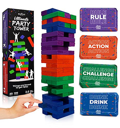 SWOOC Games - Ultimate Party Tower™ - 100 Original Commands, 60 Blocks, & 1000s of Hilarious Rule Combinations - A Tipsy Spin on Fun Classic Games for Power Hour - Ages 21+ - Wooden Tower Blocks Game