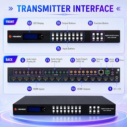 J-Tech Digital 8x8 HDMI Matrix Switch 4K 60Hz HDMI 2.0, Compatible with HDR Dolby Vision Audio Embedding Extraction Web GUI [JTECH-88MU] - size: 4K60 8x8 HDMI Matrix