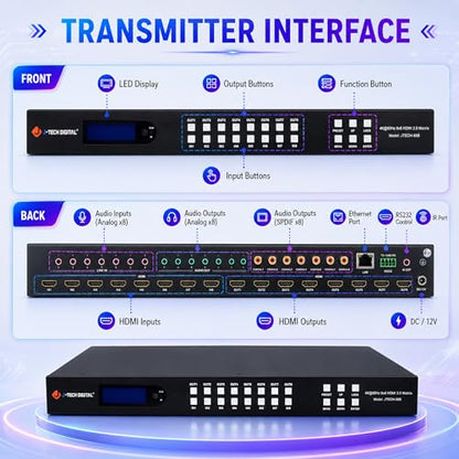 J-Tech Digital 8x8 HDMI Matrix Switch 4K 60Hz HDMI 2.0, Compatible with HDR Dolby Vision Audio Embedding Extraction Web GUI [JTECH-88MU] - size: 4K60 8x8 HDMI Matrix