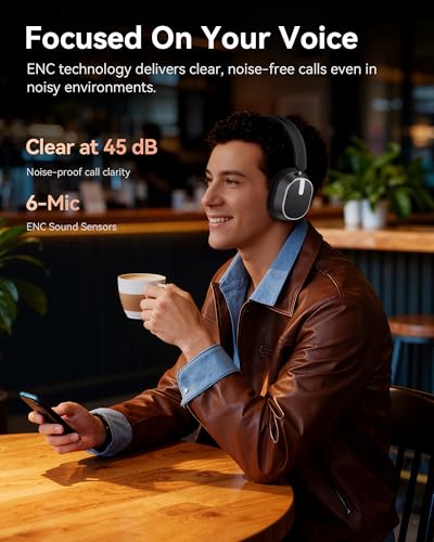 Hybrid Active Noise Cancelling Headphones, 120H Playtime Bluetooth Over Ear Headphones, Bluetooth 6.0 Wireless Headset with Display, 6 ENC Mic, Hi-Res Audio, Transparency Mode for Travel Game Black