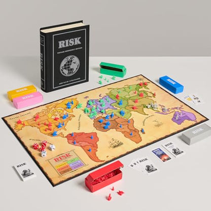 WS Game Company Risk Vintage Bookshelf Edition, Linen Wrapped Book Box & Slipcase - Secret Mission Variant & 6 Armies - Strategy Board Games for Adults & Kids, Ages 10+
