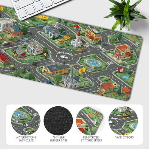 35.4 x 15.7 Inches XXL Large Gaming Mouse Pad, Cartoon City Street Map Design, Non-Slip Base, Waterproof and Scratch-Resistant Surface, Suitable for Home and Casual Gaming Desktop mats - color: Anime Cartoon City Streets