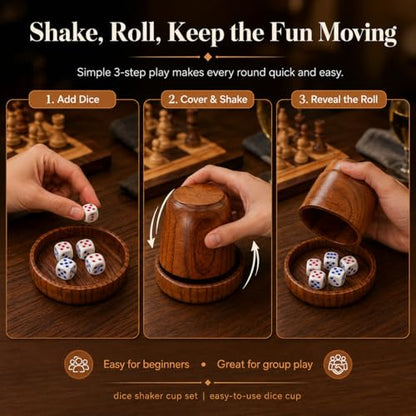 Toddmomy Wooden Dice Cup with Lid and Tray, Solid Wood Shaker Set with 5 Dice for Bar KTV Party, Board Game Accessories for Game Night