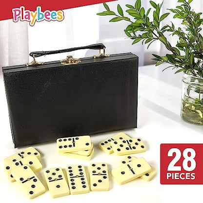 Playbees Premium Double Six Dominoes Set - 28 Classic Tiles in Faux Leather Case - Fun Educational Toy for Kids, Boys, Girls, Classroom Kit, Classic Game Night Party Favors Set, Travel-Friendly