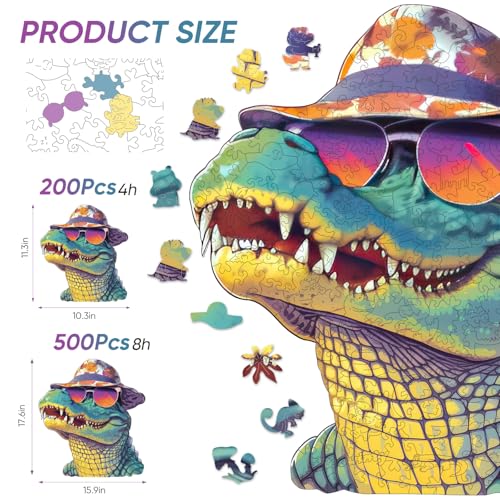 Reouinty Wooden Puzzle 500 Piece, Cool Glasses Crocodile Jigsaw Puzzles, Unique Puzzle, Beautiful Wooden Puzzle with Box Birthday Gifts for Family Game 16x17.6 in - color: Glasses Crocodile, size: 500pcs