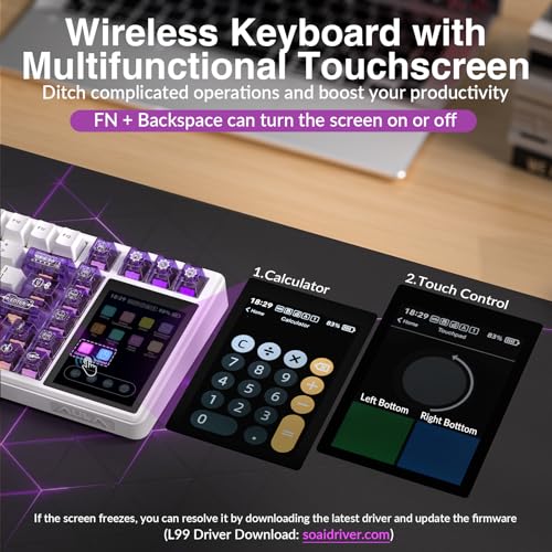 Aula L99 Wireless Mechanical Keyboard with Smart Touch Screen,Tri-Mode Hot Swappable Custom Gaming Keyboard,RGB Backlit,PBT Keycap,Gasket Mount Creamy Sounding Computer Keyboards for Office PC,84 Keys - color: White Purple