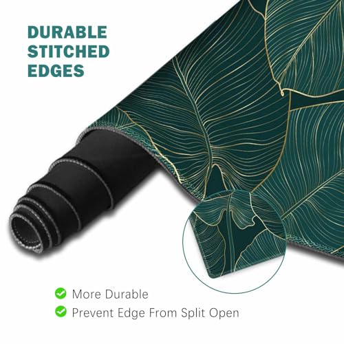 ToLuLu Extended Gaming Mouse Pad, Ergonomic Keyboard Mouse Wrist Rest Set | Large Desk Mat with Stitched Edges, Non-Slip Base Memory Foam Mousepad Support for Home Office Game, Green Golden Leaves - color: Green Golden Leaves