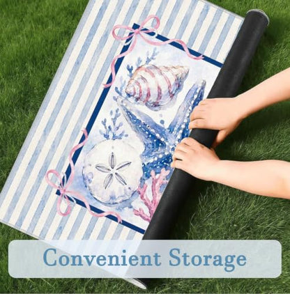 Coquette Pink Bow Coastal Beach Mahjong Mat 31.5x31.5 Inch | Preppy Starfish Seashell Blue Striped Non-Slip Noise Reduction Mah Jong Table Mat Cover Gifts for Mahjong Lovers Dominoes - color: Brogan Starfish