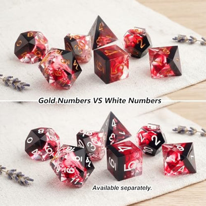 Haxtec Sharp Edge DND Dice Set Red Blood Swirls Resin Dice D&D Dice with Dice Case for RPG Role Playing Games Compatible with Dungeons and Dragons Gift-White Ink - color: Black Red