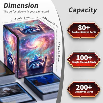 BVDIKMI Card Deck Box for Trading Cards, Card Storage Box Fits 100+ Single Sleeved Cards, PU Leather Strong Magnet Card Deck Case Holder for Magic Commander TCG CCG, Magical Raccoon - color: Magical Raccoon