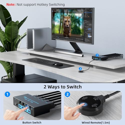 8K HDMI KVM Switch 4 Computers Sharing 1 Monitor, ANXQQ EDID Function KVM Switch HDMI 4 Port 8K@60Hz 4K144Hz for 4 USB Devices, Keyboard Mouse Switch with 4 USB Cables, Wired Control and Power Supply