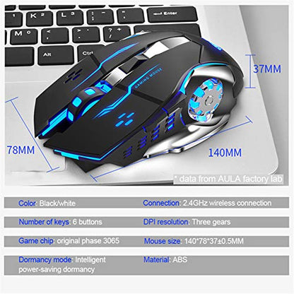 AULA SC100 Silent Wireless Gaming Mouse Rechargeable, with Side Buttons, LED Backlit, DPI Adjustable, 2.4G Wireless Optical Computer Mice Punk Cool Mouse for Games/Work (Black) - color: 2.4G (Black)