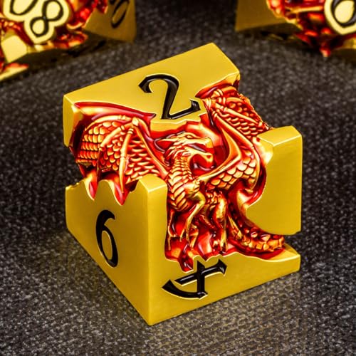 Roycevon Relief Dragon DND Dice Set for Role Playing Game, 7Pcs Metal D&D Dice Set Dungeons Dragons with Gift Box, Polyhedral D and D Dice D20 D12 D10 D8 D6 D4, Red and Black - color: Red and Black